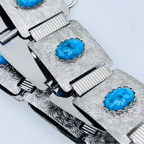 Vintage Faux Turquoise Square Concho Silver Tone Link Belt 27-34 - Picture 5 of 6